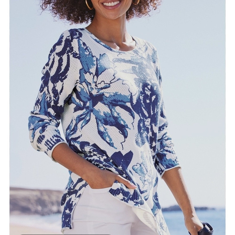 Soft Surroundings Marin Tunic Sweater Sz M Blue Floral Cotton Artsy Coastal